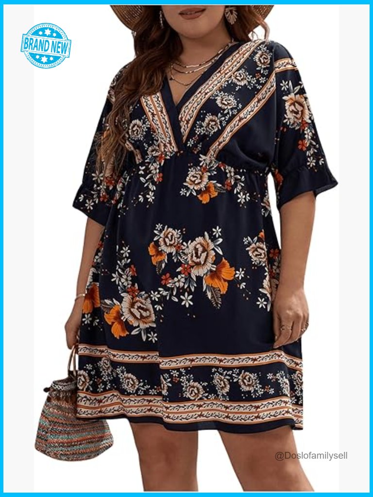 Boho Floral Print High Waist Flared Mini Dress V Neck Half Sleeve Summer Casual